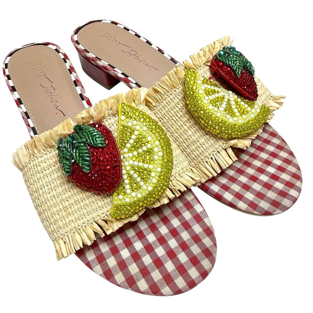 Betsey Johnson Lindy Fruit Block-Heel Slide Sandals Red Gingham Women’s 8.5
